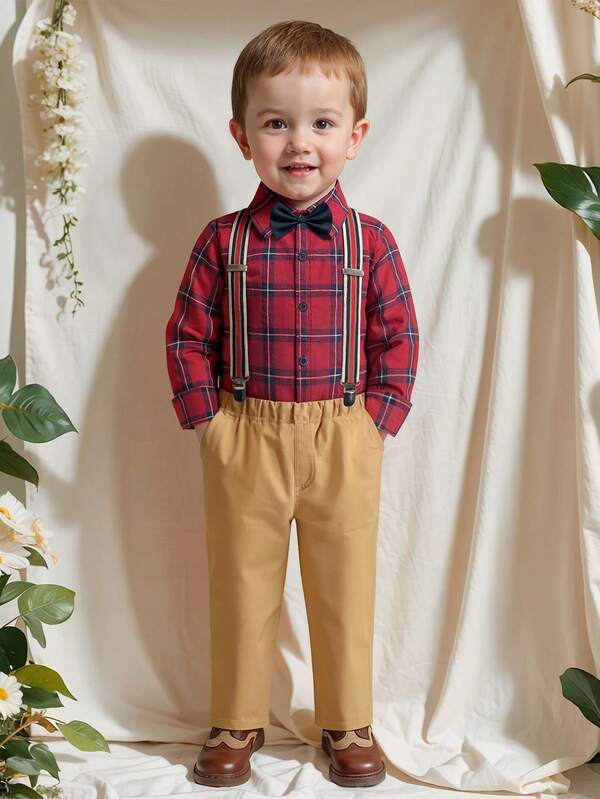 4pcs Toddler Boys Gentleman Christmas Outfit Set - Red Plaid Shirt, Pants, Suspenders, Bow Tie, Party Formal Wear