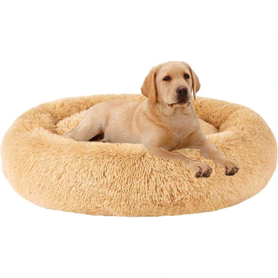 Calming Dog Bed (S/M/L/XL) For Medium And Large Dogs, Comfortable Faux Fur Donut Cuddler Up To 15/30/50/90lbs - Màu be - Xem 1