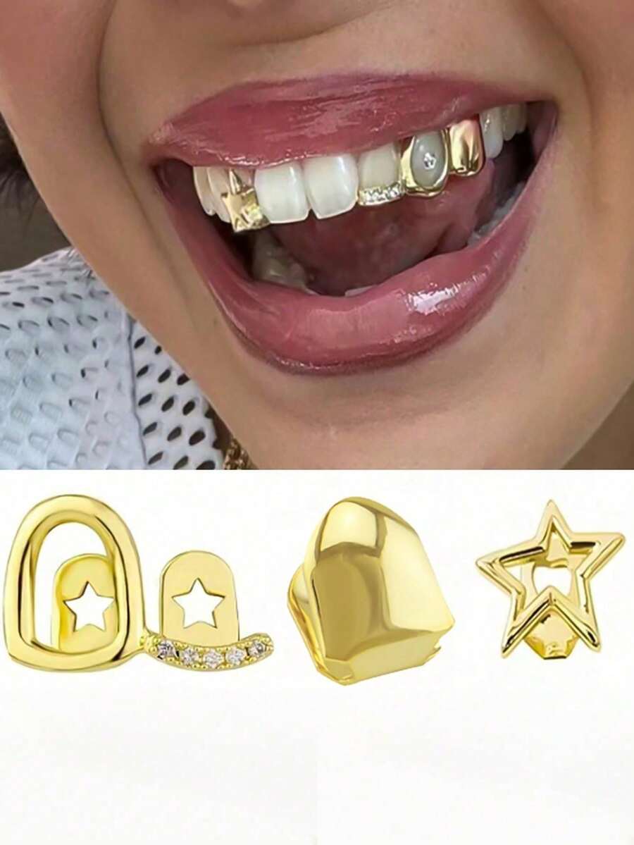 3pcs Hip Hop Grillz, European And American Gold Teeth Grillz, Single Tooth 3pcs Set, Combination Stage Prop Grillz - Gold - View 1