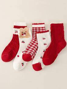 5双儿童袜子秋冬红色中筒袜冬季宝宝新年袜子可爱小熊甜美蕾丝袜时尚樱桃图案设计适合日常或节日穿着