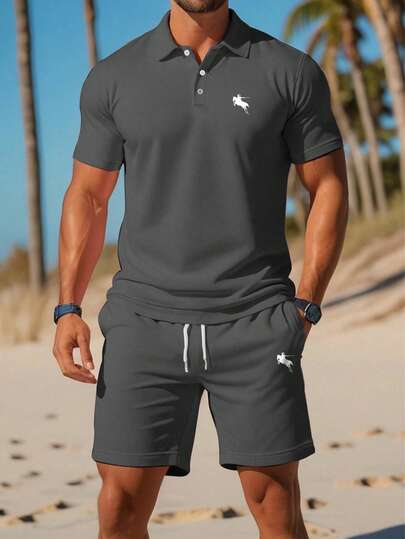 Men's Lightweight Short Sleeve Polo Shirt And Drawstring Waist Shorts Set, Comfortable, Slightly Loose Fit, Breathable
