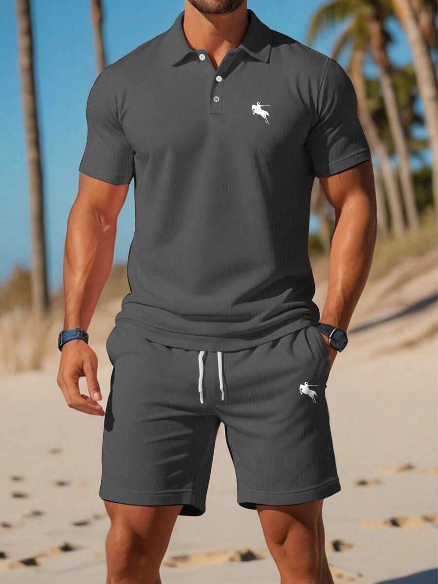 Men's Lightweight Short Sleeve Polo Shirt And Drawstring Waist Shorts Set, Comfortable, Slightly Loose Fit, Breathable - Grey - View 1
