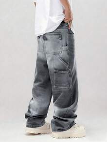 Pantalones casuales de mezclilla lavada vintage para hombres, de pierna ancha y suelta, con múltiples bolsillos, versátiles y de moda, adecuados como regalo para novio/esposo - Gris Oscuro - Ver 1