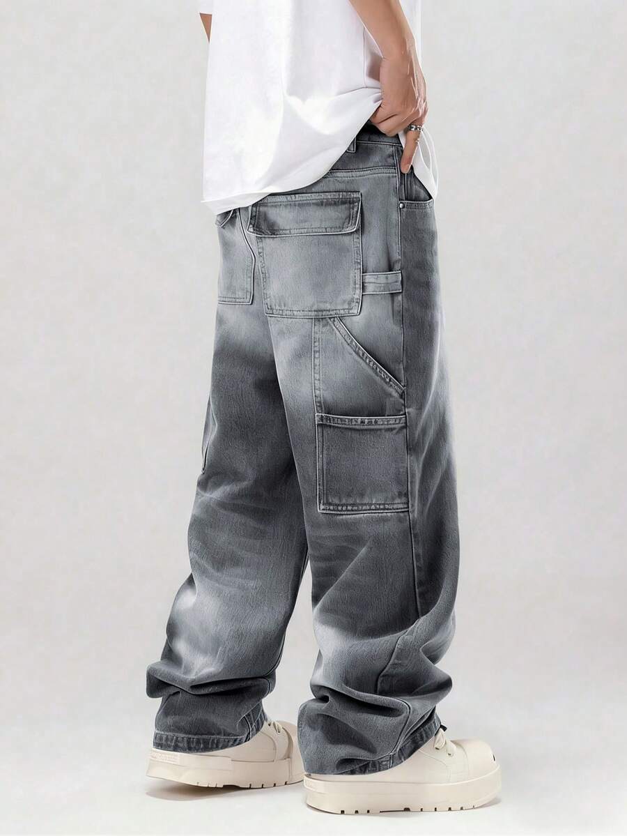 Pantalones casuales de mezclilla lavada vintage para hombres, de pierna ancha y suelta, con múltiples bolsillos, versátiles y de moda, adecuados como regalo para novio/esposo - Gris Oscuro - Ver 1