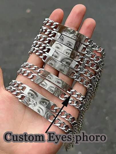 1 pieza Pulsera personalizada con foto de ojo, pulsera de acero inoxidable grabada con foto de ojo personalizada, pulsera de foto de ojo para parejas/amigos, pulsera de pareja personalizada, pulsera de foto de ojo grabada con láser, joyería de acero inoxidable plateado y dorado, regalo de temporada, cumpleaños, aniversario, Navidad, Halloween