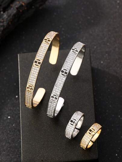 1 Set H-Initialen Damen Armband & Ring Set, Damen Schmuckset, vollständiges Diamantdesign, eingebetteter super glänzender kubischer Zirkonia, Alltagsschmuck, Geschenk für Freundin, Halloween Schmuck, Weihnachtsgeschenk