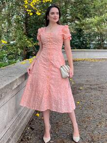 Women's Midi Dress, Casual, Elegant, Cotton, Daily - Coral Pink - View 8