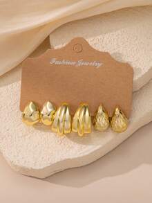 6-18pcs/Set New Asymmetrical CCB Gold Lightweight Earring Set, Textured C-Shape And Teardrop Designs, Versatile Everyday Wear For Women - Gold - View 3