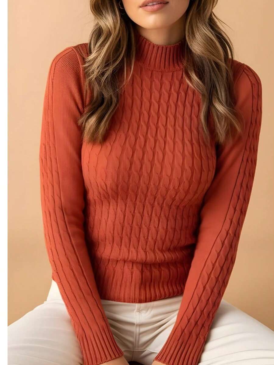 Women's Winter Modal Knit Blouse Long Sleeve With Braids Elegant Quilted Knitted Braided - Rỉ Nâu - Xem 1