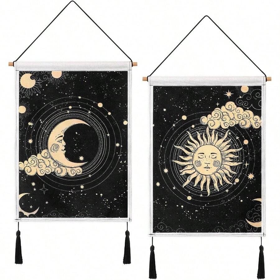 Pack Of 2 And Moon Tapestry Moon And Tapestry Clouds Tapestries Aesthetic Tapestry Black Tassel Tapestry Wall Hanging Room Decor Cloud
