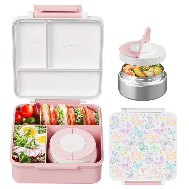 Bento Lunch Box With 9oz Soup Thermo, Leakproof Lunch Food Containers With 4 Compartment, Thermo Insulated Hot Food Jar For School, Office, Travel, And Picnics - White - View 6