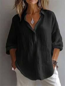 Women's Plus Shirt Solid Color Daily Casual Long Sleeve Bishop Sleeve Shirt Collar Regular Tops Daily Patchwork Buttons