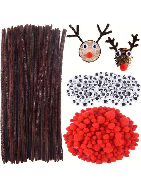 300-Piece Christmas Reindeer Crafting Kit, Including Brown Pipe Cleaners, Googly Eyes, And Red Pom-Poms. Perfect For DIY Holiday Decorations And Gifts. Christmas Reindeer Decorations.