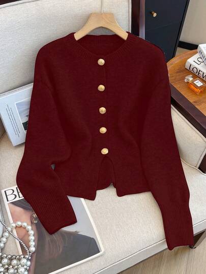 1pc Autumn/Winter Solid Color Single-Breasted Minimalist Grey Cardigan Design, Short Length Front Opening Waist Cinched Unique Metal Button Long Sleeve Knitted Top Cardigan Sweater For Women