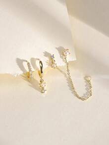 4/8pcs Women Fashion Minimalist Gold-Color Cubic Zirconia & Faux Pearl Inlaid Chain Tassel Earrings Set, Hypoallergenic, Small Hoop Design, Lightweight & Mini, Versatile, Suitable For Multiple Ear Piercings