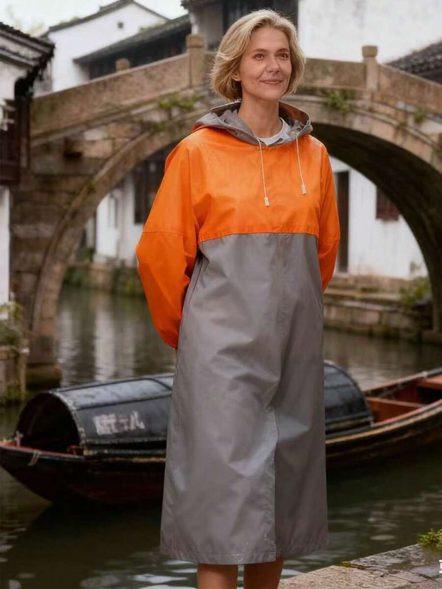 1pc Gray & Orange Splice Waterproof Raincoat, Full Body Protection, Thick Outdoor Hiking Rain Poncho