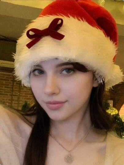 1件圣诞帽红色毛绒蝴蝶结圣诞帽COS服装女装扮配饰头饰发饰冬季秋季