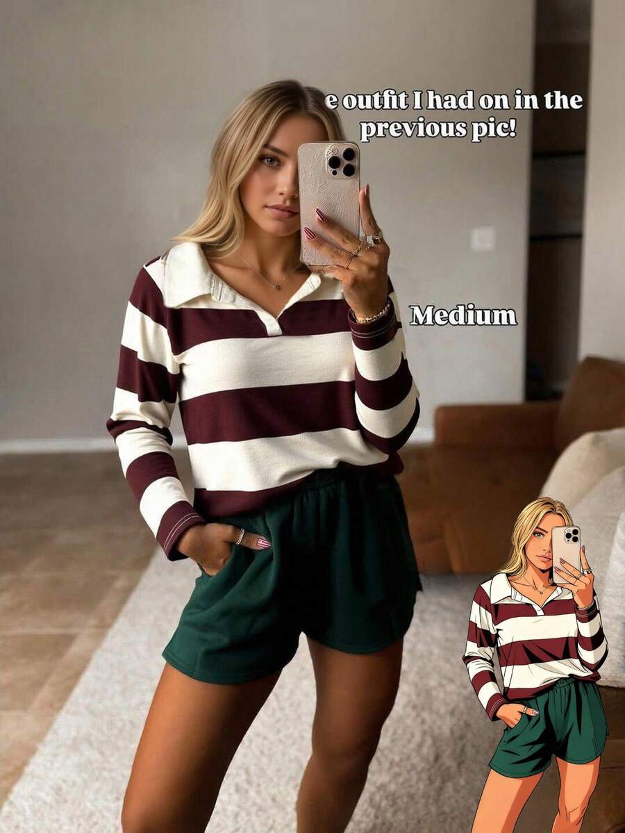 Fashionable Striped Print Long Sleeve Polo Collar T-Shirt For Women, Casual Sports Autumn - Brown - View 1