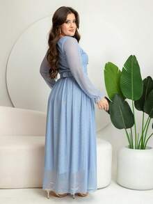 Long Tulle Dress, Plain Fabric, With Belt, Wedding, Holiday - 淺藍色 - 查看 2