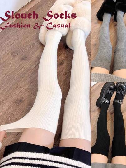 Calcetines holgados acanalados multicolor para mujer, calcetines de punto hasta la rodilla blancos/grises/negros para looks de moda y casuales, versátiles para estilos diarios y preppy