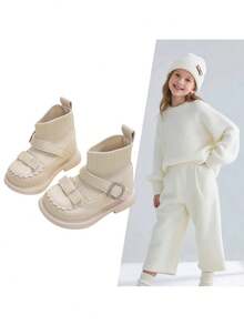 1 par de botas de niña de unicolor y lazo de encaje simple, suaves y cómodas, adecuadas para juegos al aire libre, otoño/invierno - Beis - Ver 1