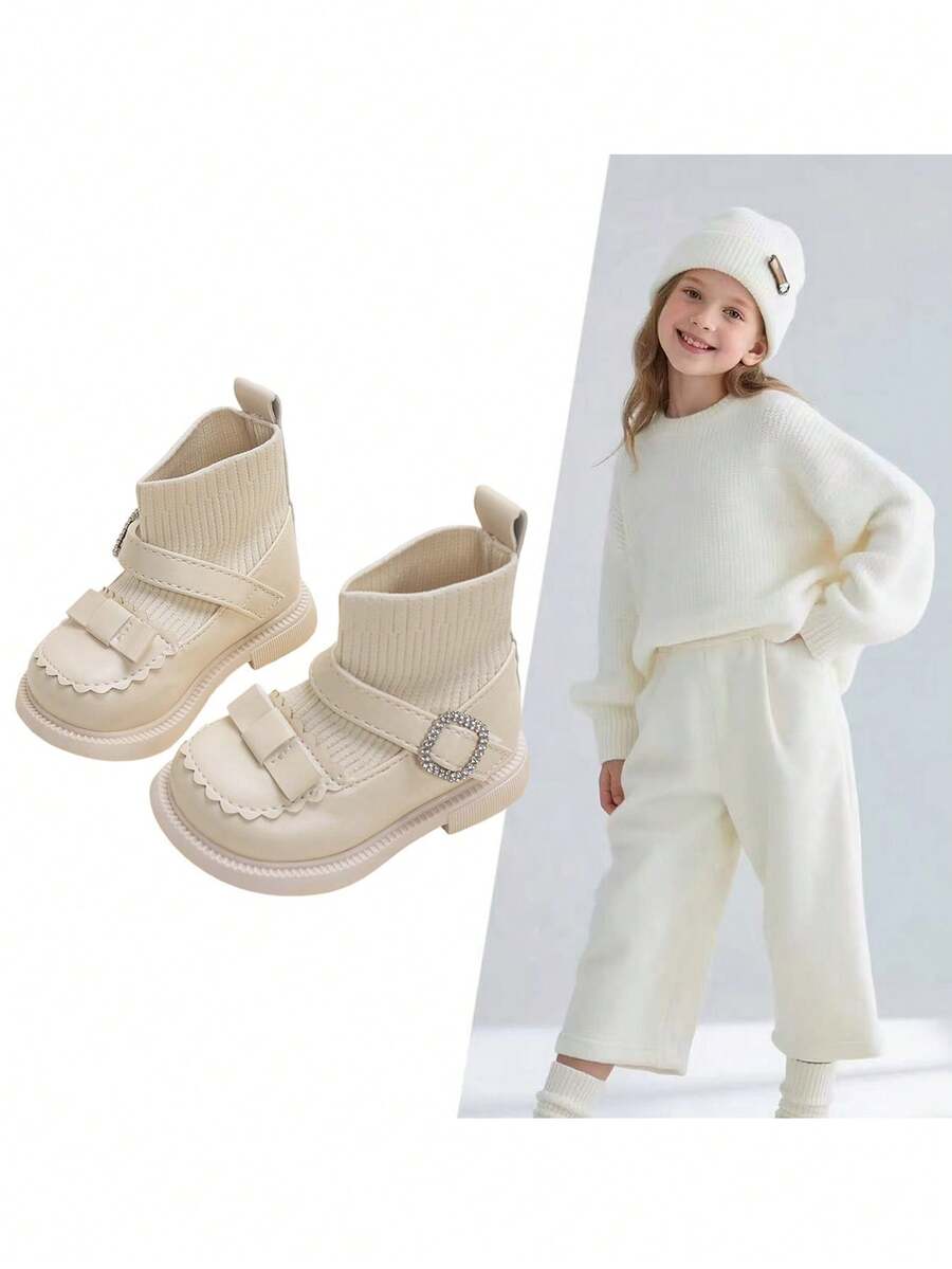 1 par de botas de niña de unicolor y lazo de encaje simple, suaves y cómodas, adecuadas para juegos al aire libre, otoño/invierno - Beis - Ver 1
