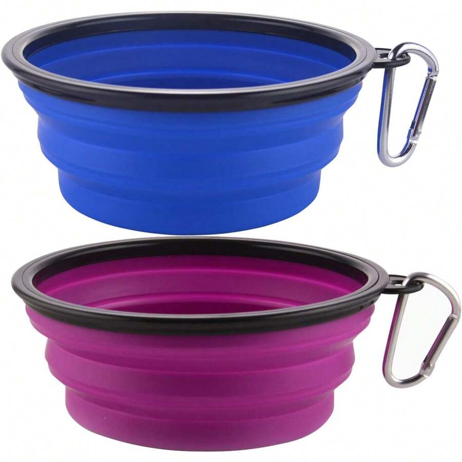 Large Collapsible 34oz Travel Dog Water And Food Bowls, Portable Foldable Dishes With Carabiner Clip, 2 Pack (Purple+Red) - 34盎司-藍色&紫色 - 查看 1