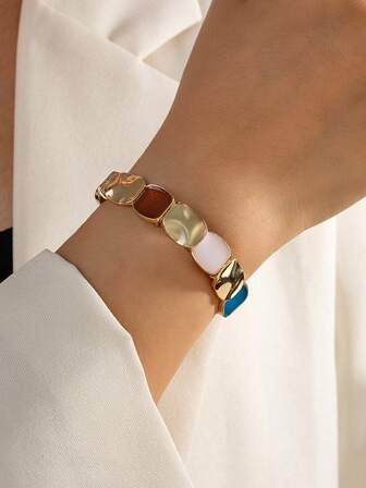 1 件巴洛克风格复古珐琅彩色弹性手链，几何拼接男女通用简约腕链首饰，适合日常、派对、通勤佩戴