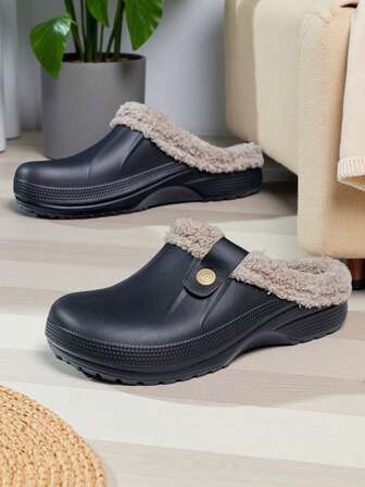 Men's Winter Plush Slippers, Unisex Indoor Outdoor Waterproof Non-Slip Closed Toe Warm Slippers, Lightweight Couple Solid Color Plush Slippers