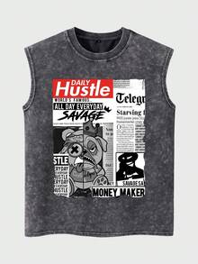 Bộ đồ nam Shwiy mùa xuân/hè gồm quần short ôm dáng màu đen bạc, áo tank top không tay in họa tiết báo chí tối giản thời trang và áo vest in chữ hoạt hình, phù hợp mặc hàng ngày. - màu đen - Xem 2