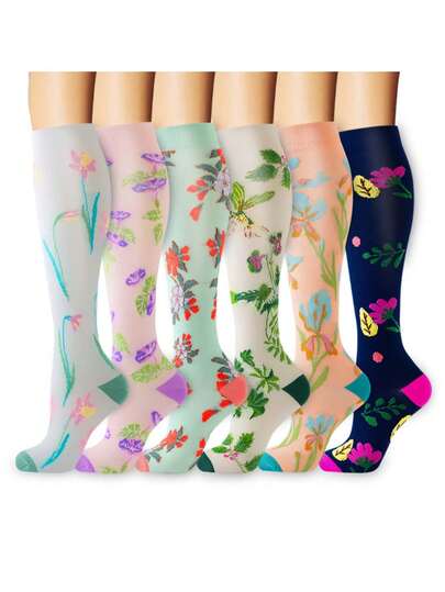 6 Pairs Women's Sports Compression Socks Set - Breathable Knee-High Socks With Playful Patterns, Ideal For Running, Cycling, Hiking And Travel​