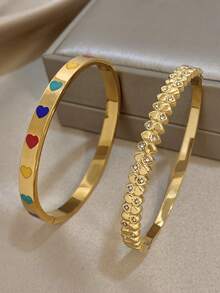 优雅简约心形手镯 金色细手镯 女士可叠戴不锈钢手镯 万圣节圣诞节派对套装 珠宝礼品