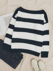 Plus Size Striped Knit Long Sleeve Pullover Sweater - Blue Stripes - View 6