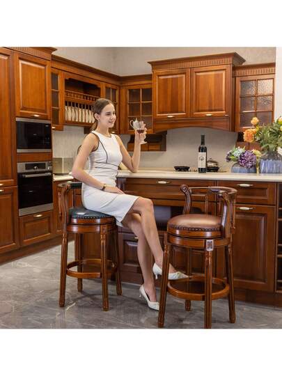 Cowhide Top Wooden Bar Stool, 360 Degree Swivel Height Stoel Home Kitchen Counter, Morden Stool view 6