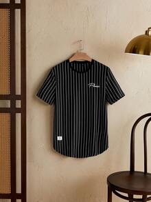 男士条纹字母图案贴片T恤，夏季，街头风格 - 黑與白 - 查看 3