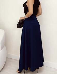 WOMEN'S LONG TAILORED SKIRT, EVANGELICAL FASHION, HIGH WAIST - Navy Blue - View 2