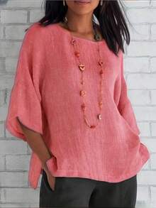 2025 New Plus-Size Women's Solid-Color T-Shirt | Casual Loose Pullover, Round Neck, Raglan 7/8-Sleeve, Side Slits