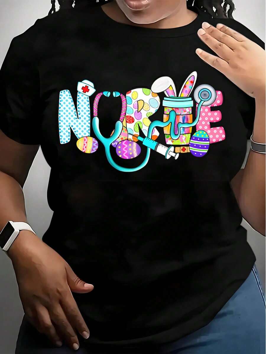 Easter Nurse T-Shirt For Women - Fun & Colorful Easter Egg Design With Stethoscope And Medical Theme - Perfect Gift For Nurses, Nursing Students, Or Healthcare Workers - Great For Easter Celebrations, Hospital Events, Or Casual Wear,220g - 黑色 - 查看 1