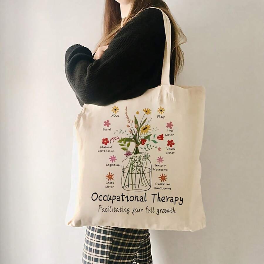 1 Reusable Occupational Tote Bag With Floral & Design - Durable Polyester Canvas Shopping Bag For OT Assistants, Therapists - Spacious Gift For Christmas, Halloween, Travel & Daily Commute (Hand Washable, Beige) - Mental Health Awareness Gift - trắng - Xem 1