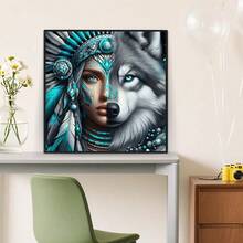 Kit de pintura de diamantes sin marco - Diseño inspirado en lo indígena con patrón de lobo - Bordado de diamantes circulares completos, artesanía DIY mosaico lienzo decoración de pared, 11.81x1.81 pulgadas