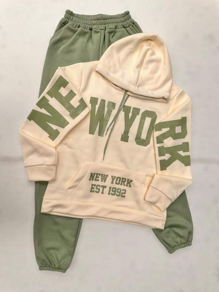 2 pack conjunto Sudadera hoodie con pantalon jogger pants mujer dama bolsillo canguro gorro capucha estampado grafico nombres de ciudades NEW YORK estilo americano juevnil moderno casual caliente frío uso diario | buena calidad | Textura Suave - Verde - Ver 1