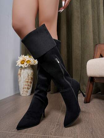 Women's Sexy Thigh High Over The Knee Pointed Toe Stiletto High Heel Boots With Side Zipper, Versatile Black Tall Boots For Autumn Formal Events