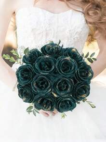 MEHELANY 20/5pcs Artificial Gold Pink Roses With Stems, Glitter Decorative Roses DIY Artificial Flowers, Suitable For Crafts, Wedding Bouquets, Home Tabletop Decor, Holiday Parties, Valentine's Day, Summer Decor, Home Decor, Birthday Gifts, Room Decor, Garden Outdoor Decor, Gothic Wedding Decor - Dark Green - View 5