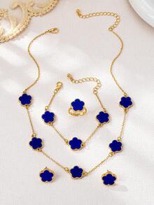 5pcs Fashionable & Elegant Metal Lucky Blue Clover Flower Bracelet, Necklace, Earrings, Ring, Jewelry Set, Versatile Fashion Accessories Set For Women