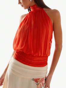 Women Y2k Halter Crop Tops Sleeveless Slim Fit Open Back Stylish Tank Top Tie Up Back Solid Color Summer Causal Camisole For Beach Club Party Streetwear - 橘色 - 查看 2