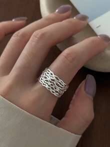 1 pieza Anillo abierto ajustable elegante y de lujo personalizado con diseño de malla hueca y luz de luna, para mujer