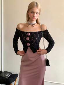 Livesso Elegant Party Dress Women's Mid-Length Contrast Color Patchwork 3D Floral Dress, Autumn Prom Dress Off The Shoulder - Pink - View 7