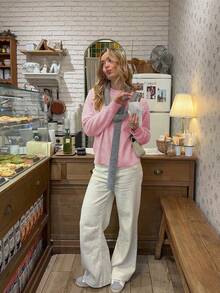 Suéter de punto suave con cuello redondo, mangas largas y hombros caídos, de color liso y diseño minimalista en amarillo pálido y rosa. Tiene un estilo relajado y apropiado para primavera/otoño, para uso casual, ir al trabajo o tomar el té por la tarde. - Rosa - Ver 4