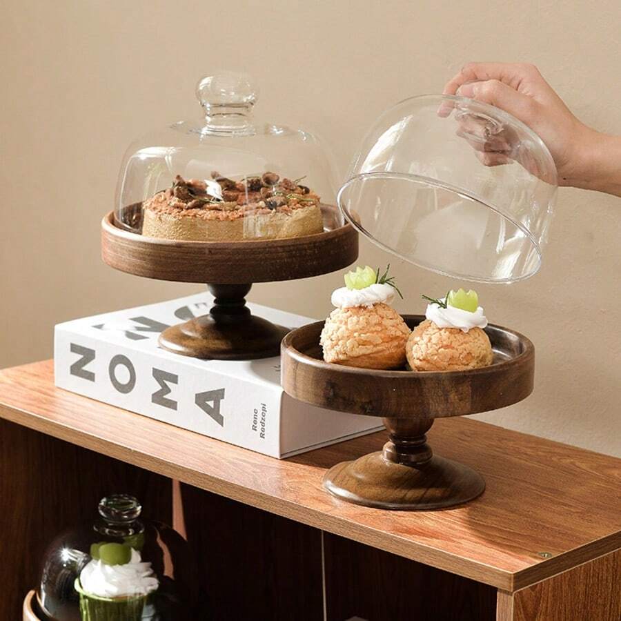 带玻璃盖的木制底座托盘，有 15/17/20 厘米尺寸可选，防尘展示盘，用于坚果、糖果、水果和家居装饰 - 棕色 - 查看 1