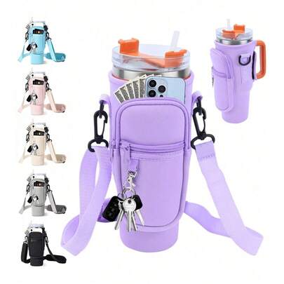 Giá đỡ cốc thủy tinh 40 Oz, Nắp cốc cách nhiệt, Nắp cốc bằng Neoprene, Bảo vệ tay cầm xe hơi có dây đeo vai có thể điều chỉnh, Thích hợp cho du lịch ngoài trời, tập thể dục, sử dụng hàng ngày. Túi đựng bình nước có ngăn đựng điện thoại di động, Thích hợp cho cốc thủy tinh 40/30 Oz, Có tay cầm, Có dây đeo vai có thể điều chỉnh, Móc chìa khóa, Thích hợp cho đi bộ đường dài, cắm trại, thể thao, Giá đỡ bình nước, Túi cách nhiệt, Túi đựng cốc nước, Giá để đồ uống